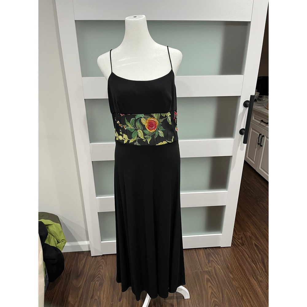 HORTLY‎ WESTWOOD Black Spaghetti Strap Maxi Dress Floral Waist Panel